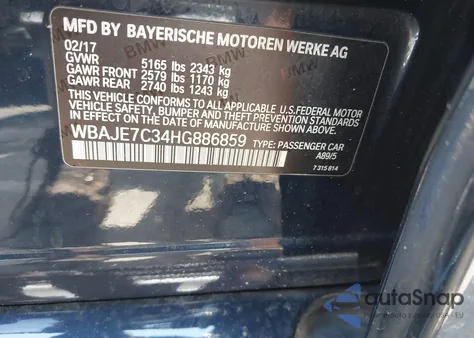 2017 BMW 540I xDrive из США, поврежденный, VIN WBAJE7C34HG886859